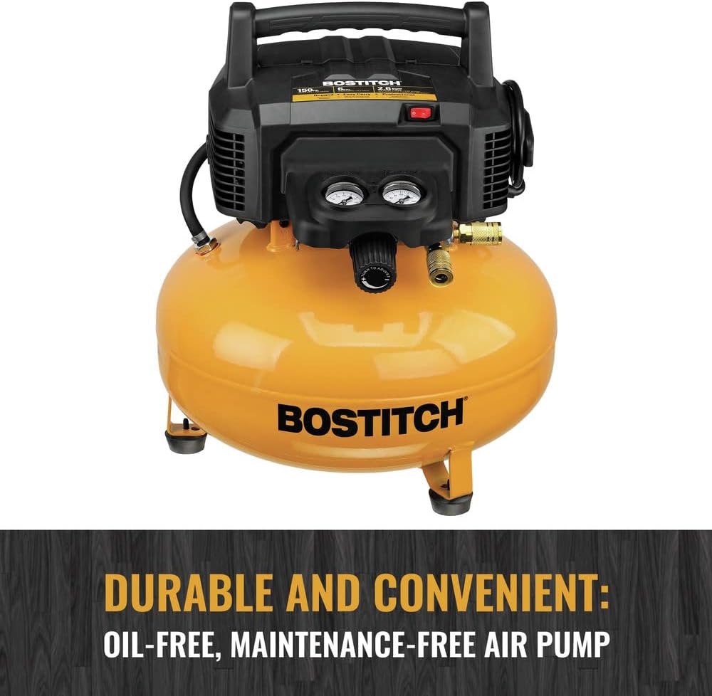 BOSTITCH Pancake Air Compressor, Oil-Free, 6 Gallon, 150 PSI (BTFP02012)