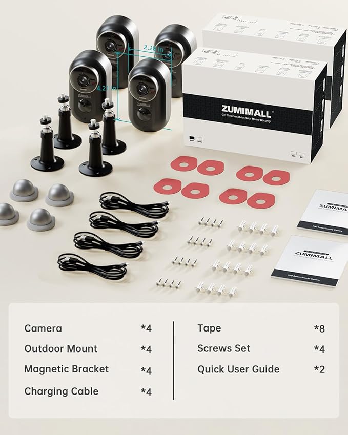 ZUMIMALL Security Cameras Wireless Outdoor, 4 Packs, 2K Cameras