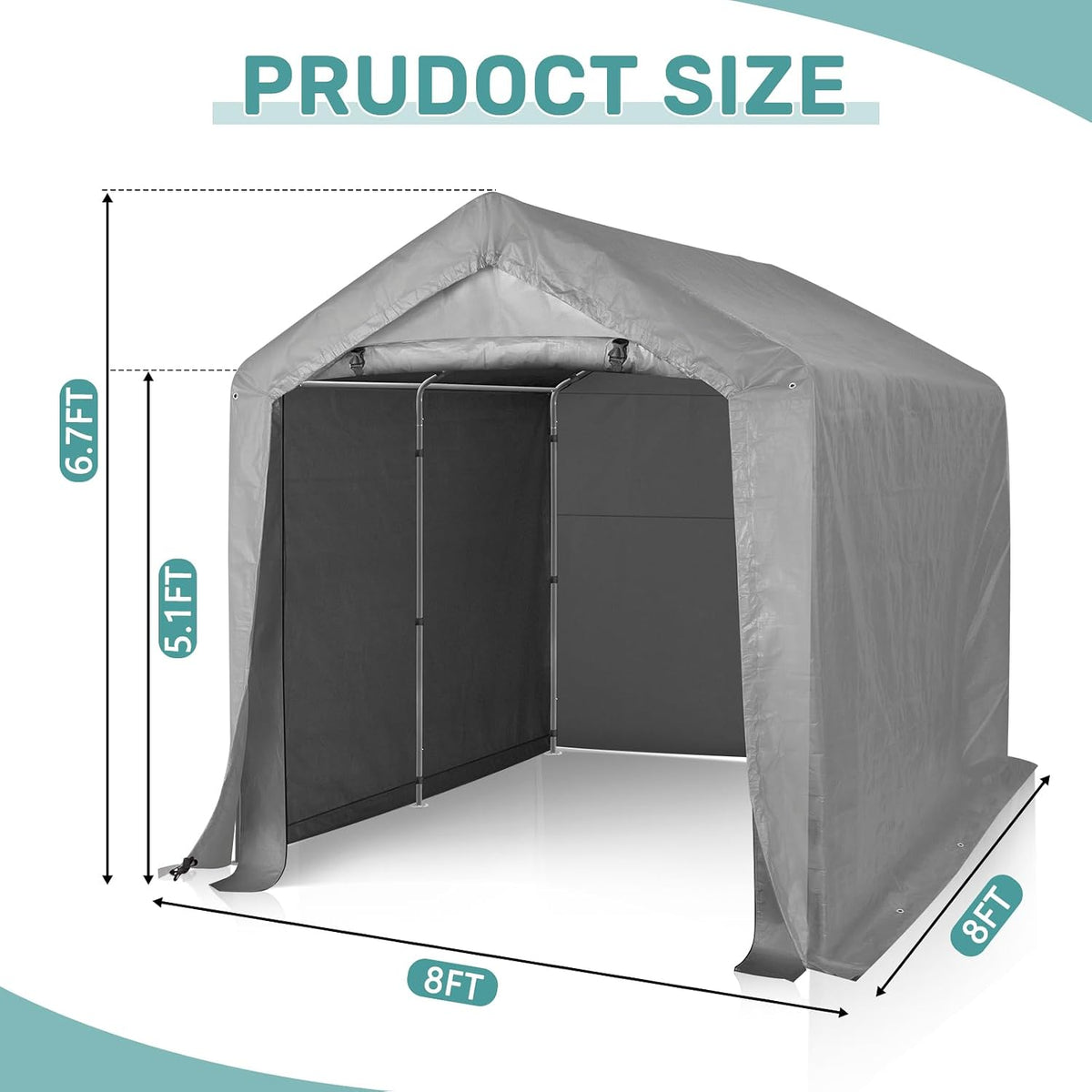 8ft x 8ft storage shed tent, galvanized steel showing dimensions