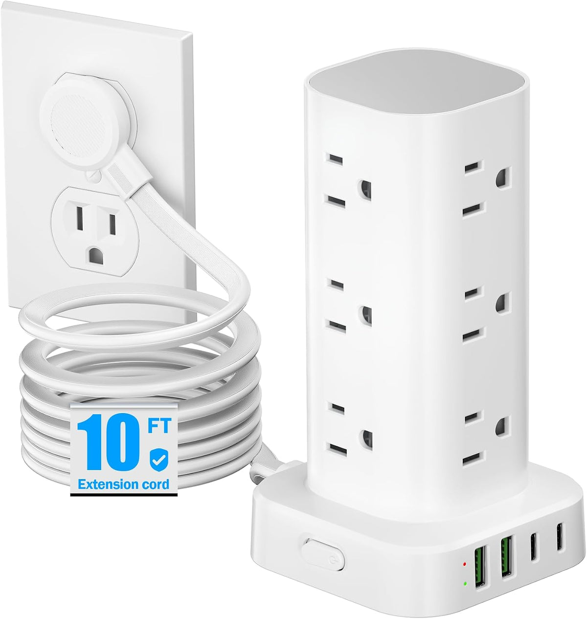 Flat Plug Power Strip Tower Surge Protector, 10FT Flat Extension Cord