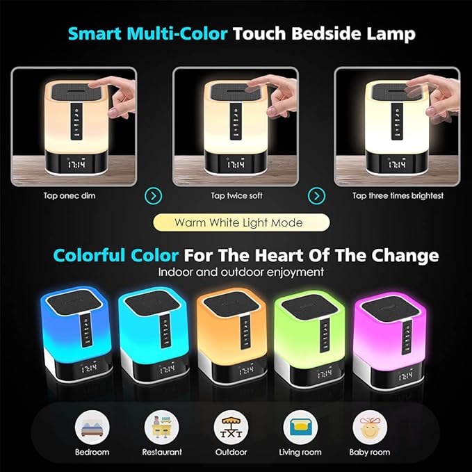 Hetyre Night Light Bluetooth Speaker, 5 in 1 Touch Control Bedside Lamp