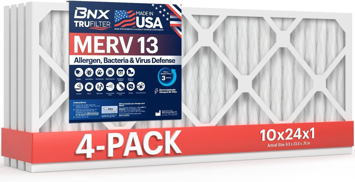 BNX TruFilter 10x24x1 Air Filter MERV 13 (4-Pack) - MADE IN USA - Electrostatic Pleated Air Conditioner HVAC AC Furnace Filters for Allergies, Pollen, Mold, Bacteria, Smoke, Allergen, MPR 1900 FPR 10