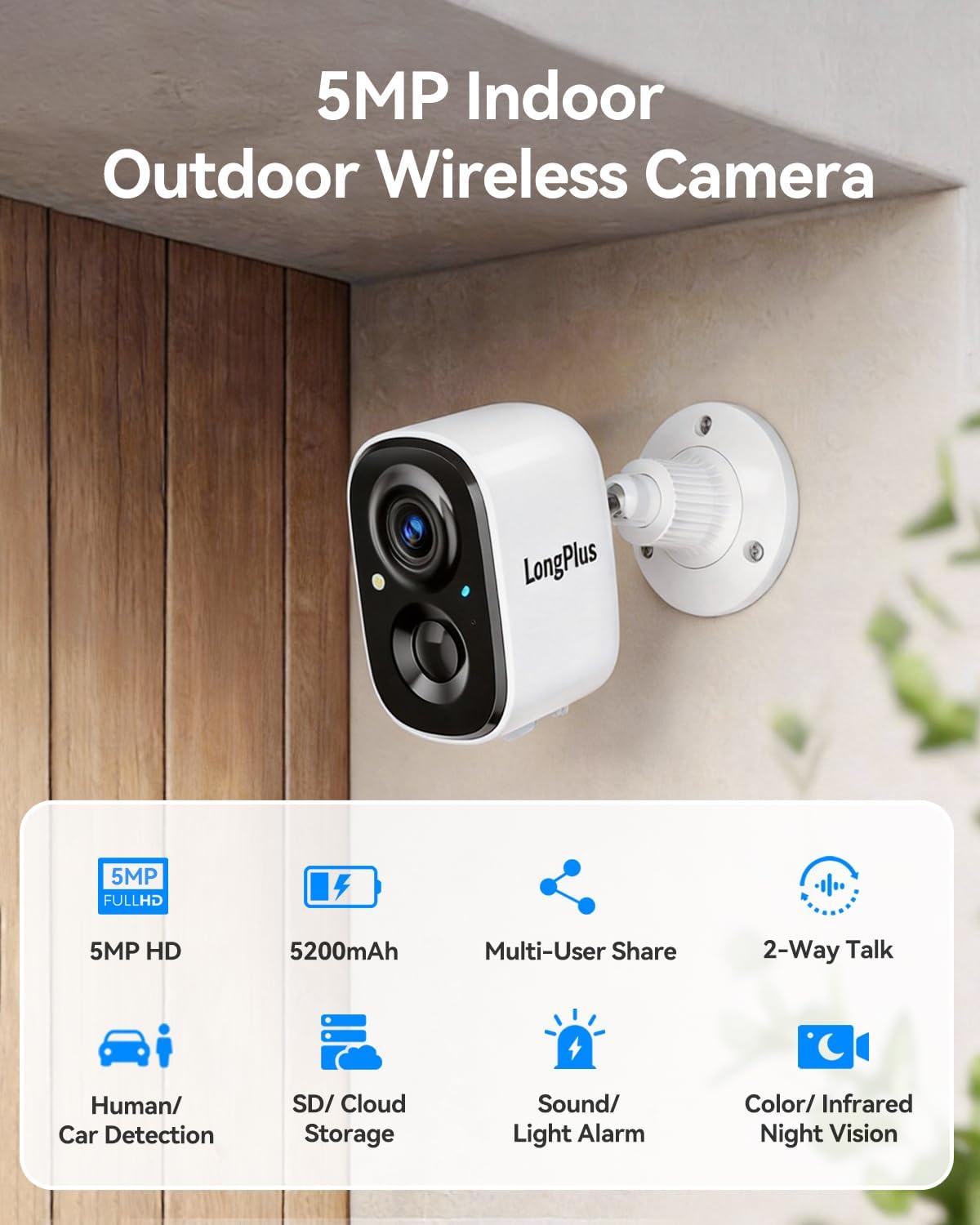 longplus 3k security camera wireless outdoor, wifi6 outdoor, front angle view
