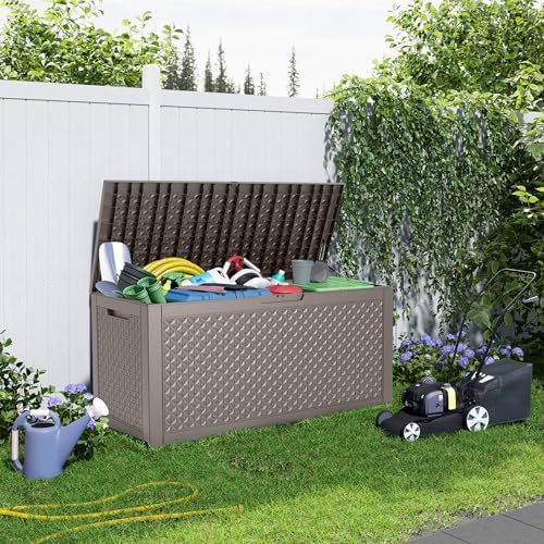 EasyUp 121 Gallon Outdoor Storage Box Waterproof, UV Resistant Resin Deck Box with Hydraulic Rod, Reinforced Stability for Patio, Garden, Quad Leaf Grey