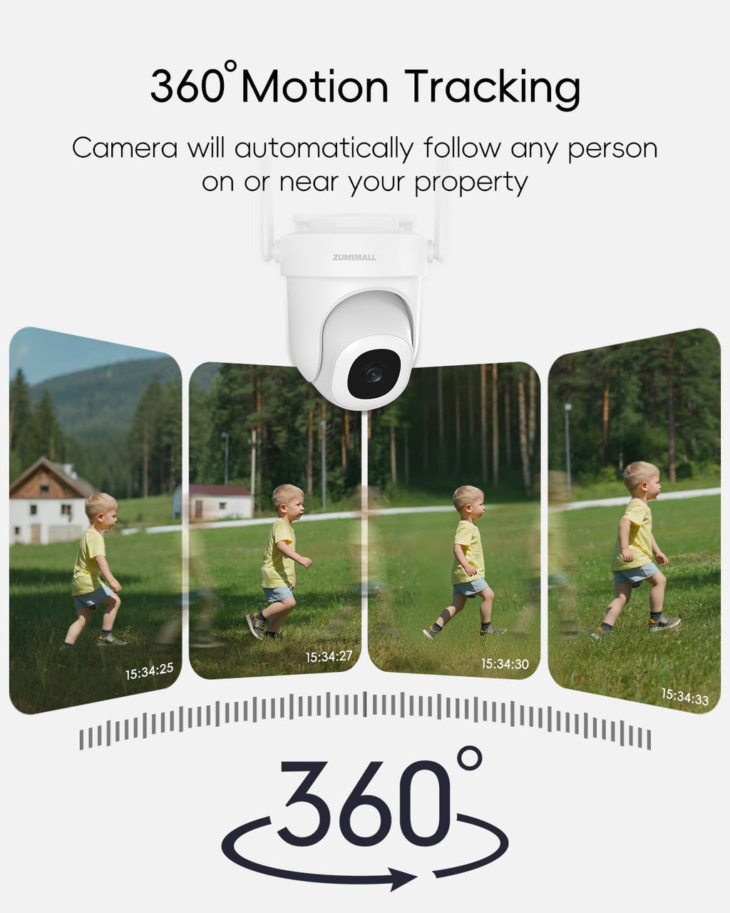 zumimall 2k wifi outdoor security camera, plug-in, 360° shown in use