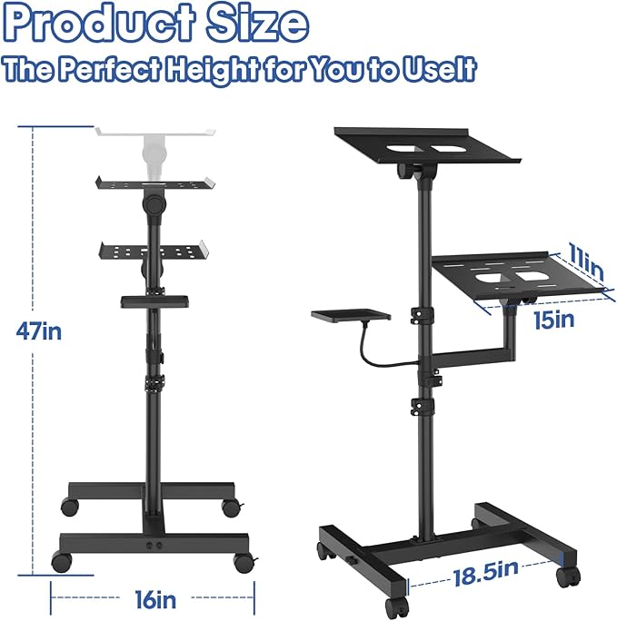 GSOW 2 Shelves Mobile Projector Stand, Rolling Laptop Stand Adjustable Height