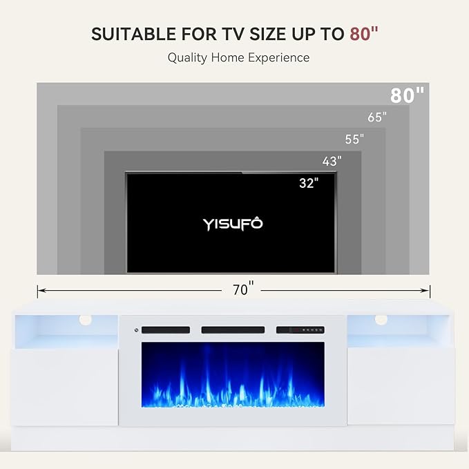 YISUFO 70" TV Stand with 36" Electric Fireplace, Large Modern Media