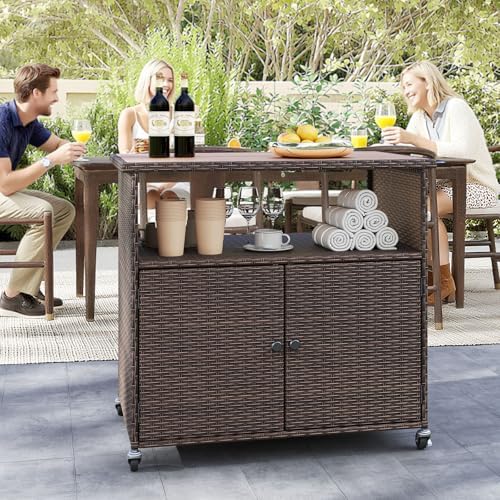 HAPPYGRILL Outdoor Storage Cabinet with Wheels, PE Rattan Patio Buffet Sideboard Bar Cart for Garden, Backyard & Poolside