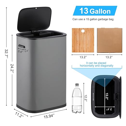 14.5 Gal/55L Trash Can with Lid, Automatic Touchless Garbage Can with