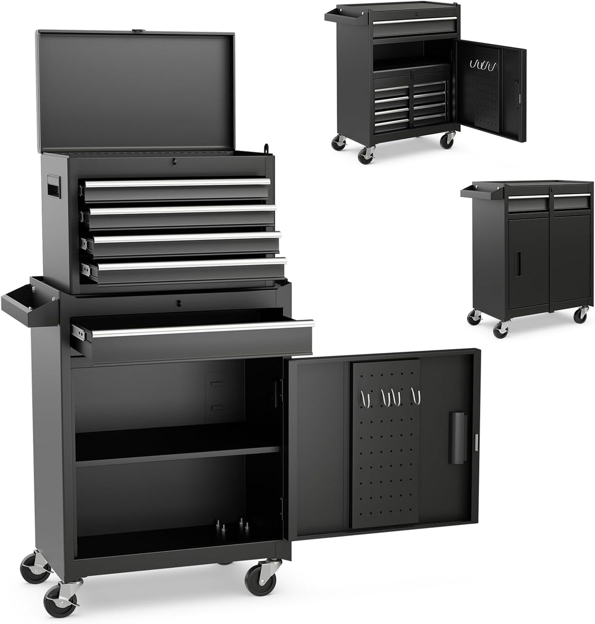 DREAMADE 5-Drawer Tool Chest Combo, Rolling Tool Cabinet w/Detachable Top Tool Box, Adjustable Shelves, Lockable Wheels, Metal Tool Box for Garage, Workshop, Repair Shop Storage (Black)