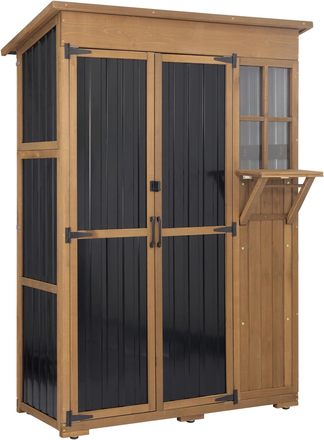 Large Outdoor Storage Cabinet Waterproof with Shelves, Outside Storage Shed Tall Backyard Cabinet with Fold-Out Table for Patio, Garage, Garden, Pool Accessories Storage, Black, 70.5" H x 51" L