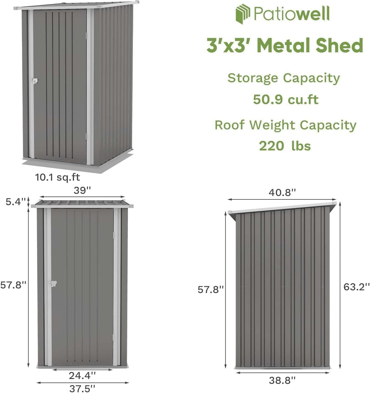 patiowell 3x3 ft storage shed, small metal shed, close-up detail
