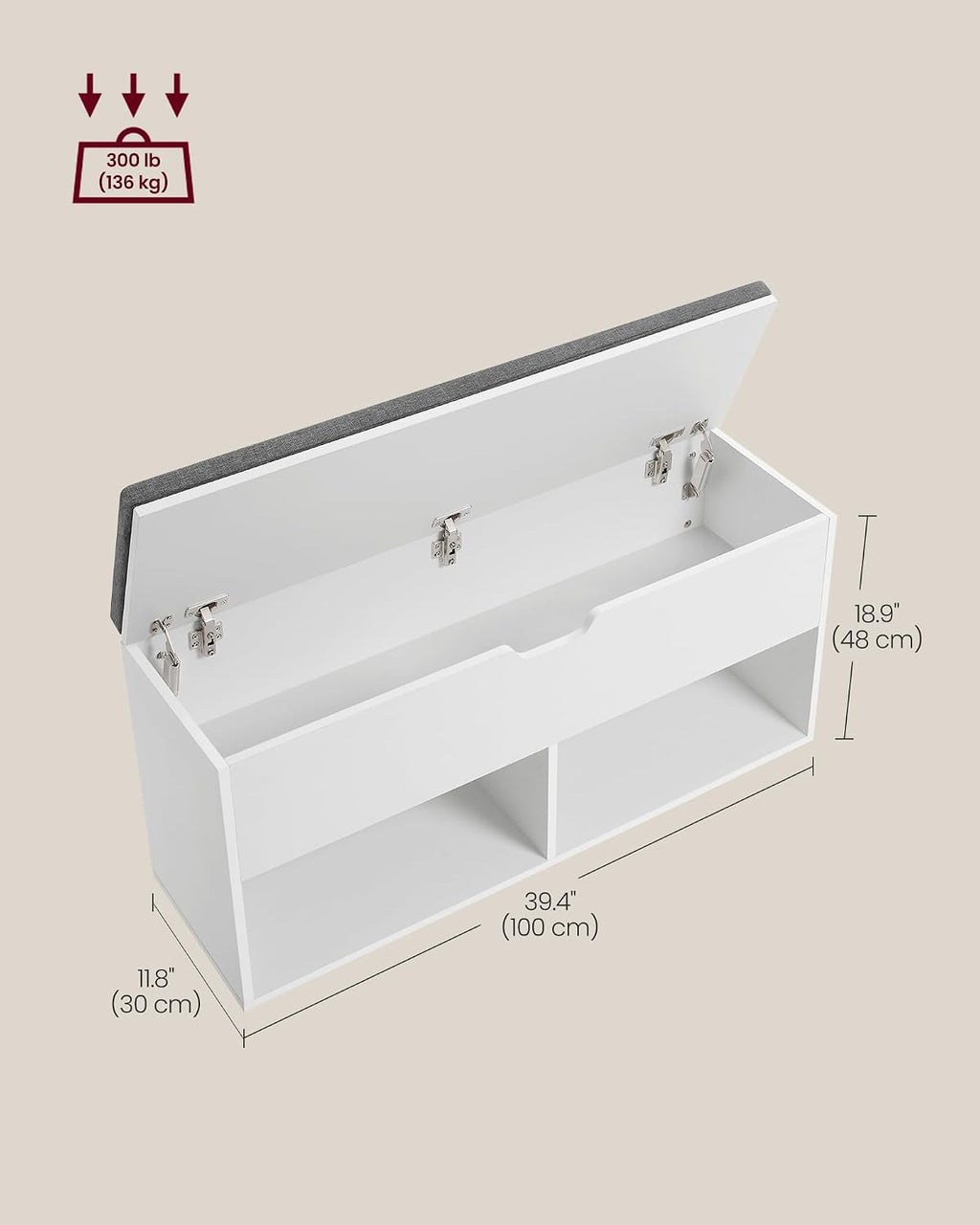 vasagle shoe storage bench with cushion, 2 open, close-up detail