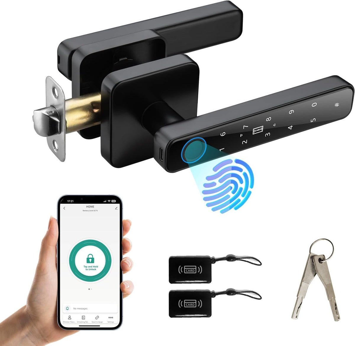 Smart Door Knob with Key & Keypad, Biometric Fingerprint Door Lock