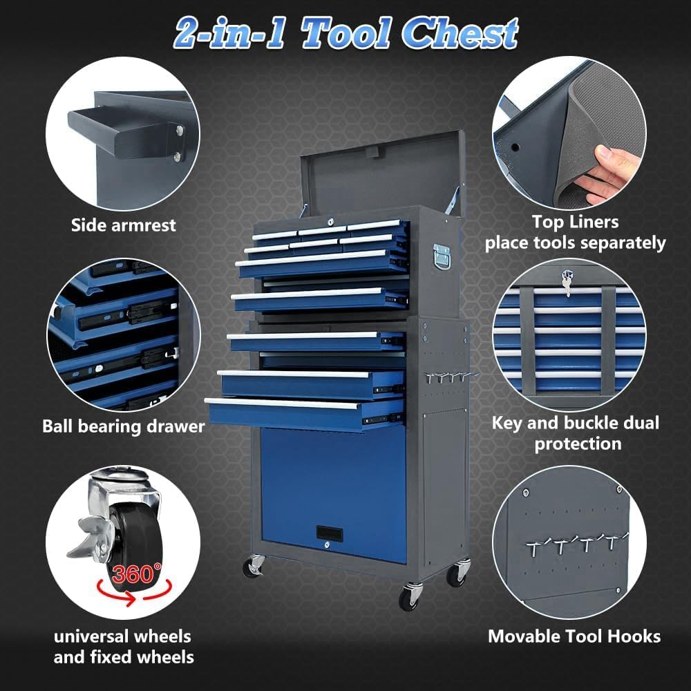 13-drawer tool chest, rolling tool box with wheels, side view