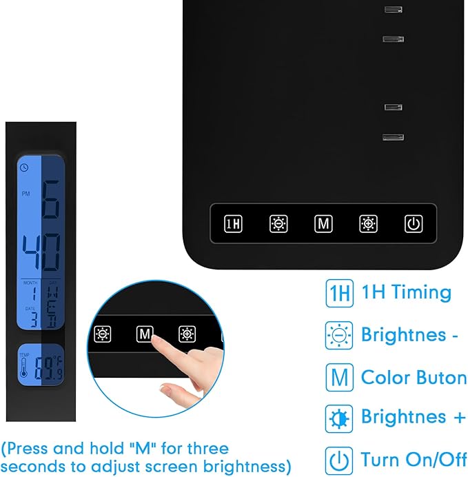 snsok Smart Desk Lamp with Dual USB Charging & 2 AC Outlets, Digital Clock