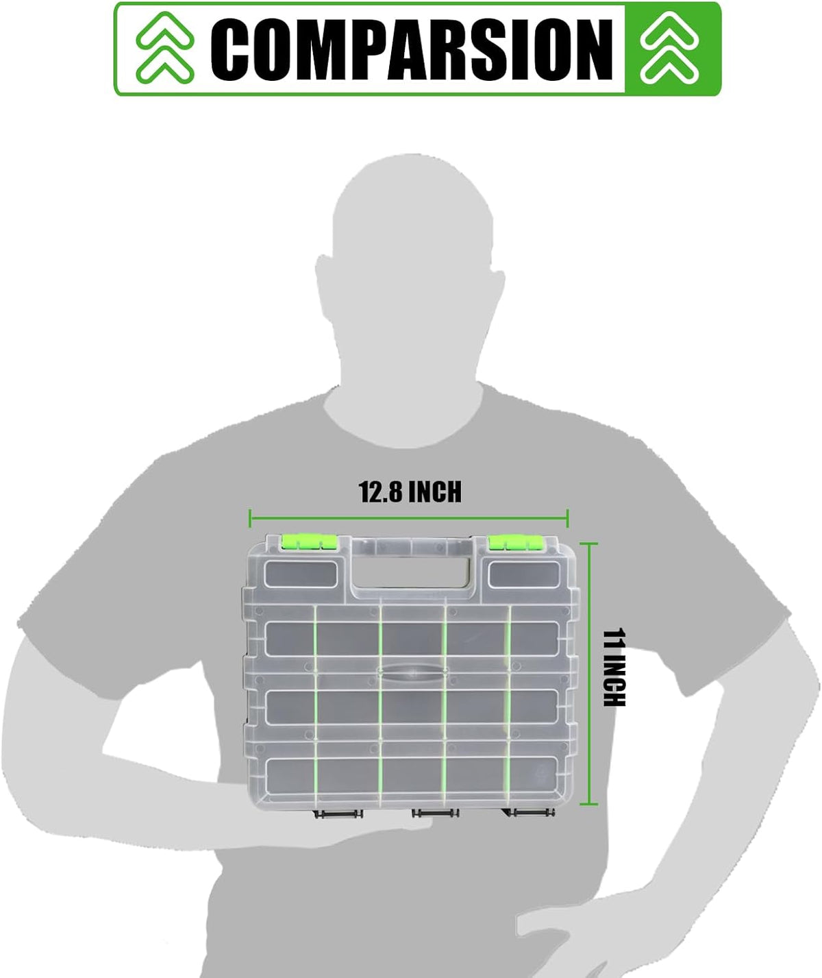 generic tool box with transparent lid, double side showing dimensions