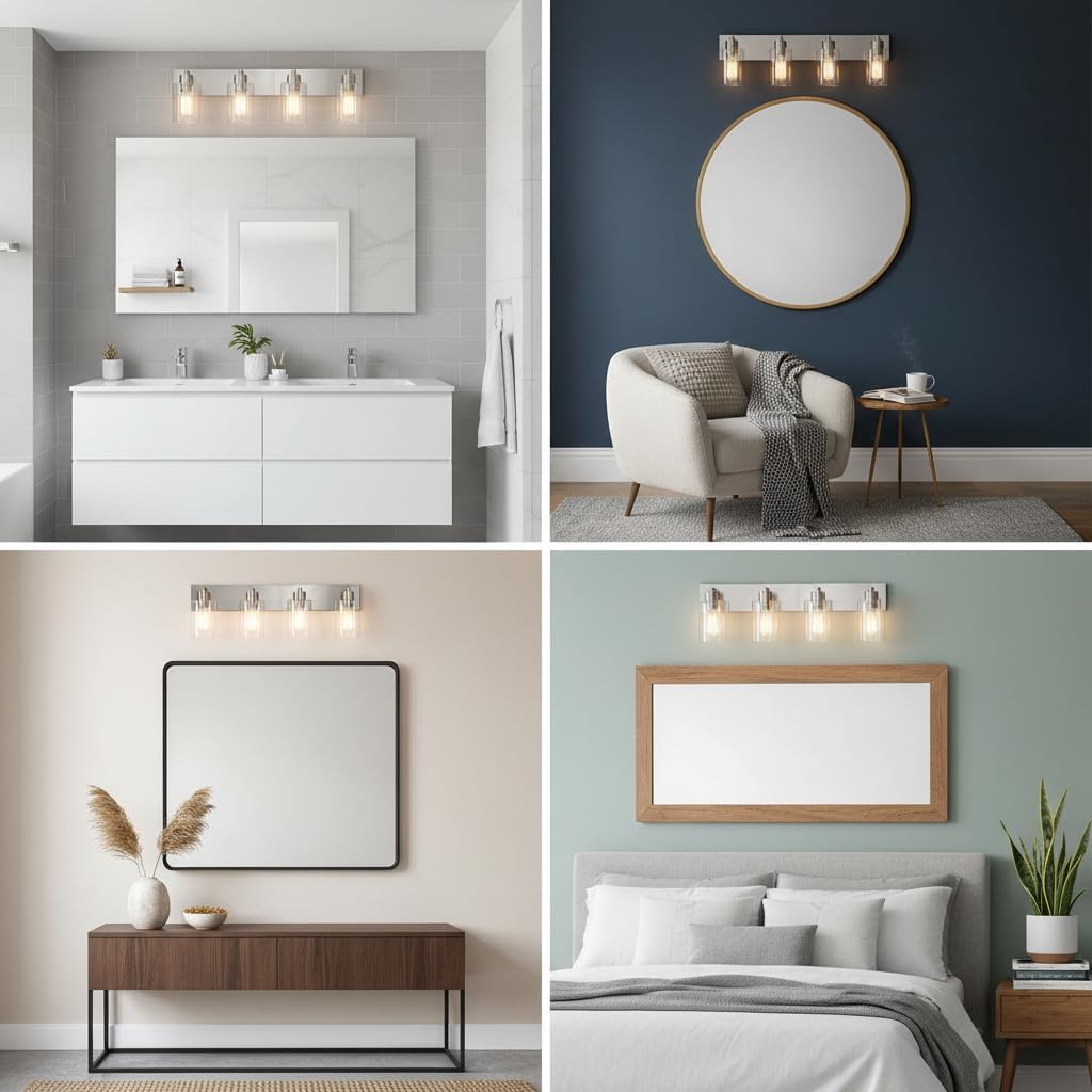 4-Light Brushed Nickel Bathroom Vanity Lights, Clear Glass | Brushed Nickel Metal Frame,Up/Down Wall Mount,cylinder Glass Shade,Kitchen Hallway Bedroom Indoor Use,Easy Install,E26 Base