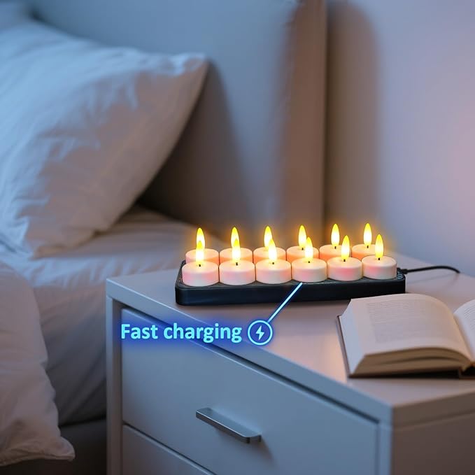 HL Rechargeable LED Tea Lights with USB Charging Base & Remote Timer - Battery Operated Flameless Flickering Votive Candles for Weddings, Emergency, Halloween, and Christmas Decorative 12pcs