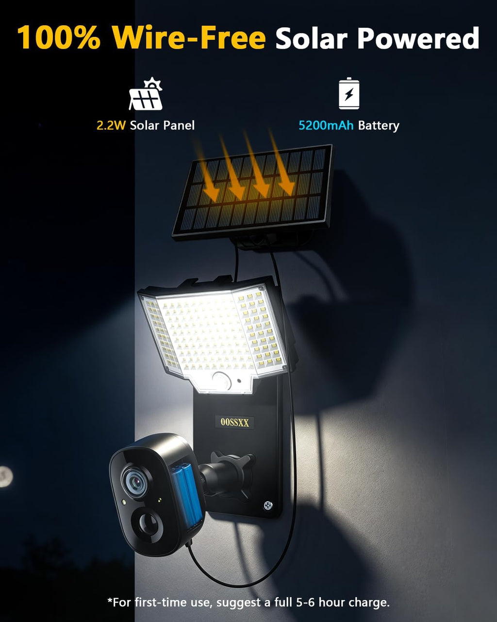 oossxx solar floodlight security camera outdoor wireless, 4mp, side view