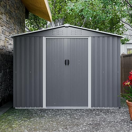 YOPTO 8X6 FT Outdoor Storage Shed with Roof,Waterproof House Tool Cabinet W/Metal Foundation & Lockable Doors,for Shovels,Umbrellas,Antennas,Escalators,Gray