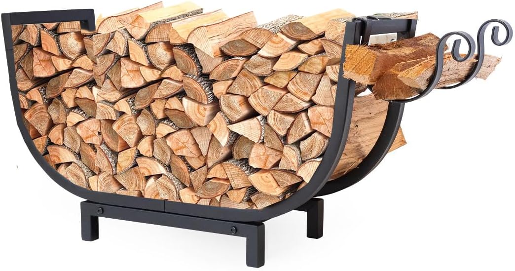 FireProof Pros Firewood Rack Outdoor and Indoor Firewood Storage with Kindling Wood Hooks. 24.5 in curved Double Coated Fire Wood Rack. Waterproof Rustproof Stable Log Holder and Fireplace Organizer