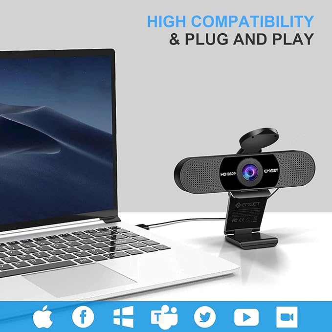 EMEET 1080P Webcam with Microphone, C960 Web Camera, 2 Mics Streaming Webcam