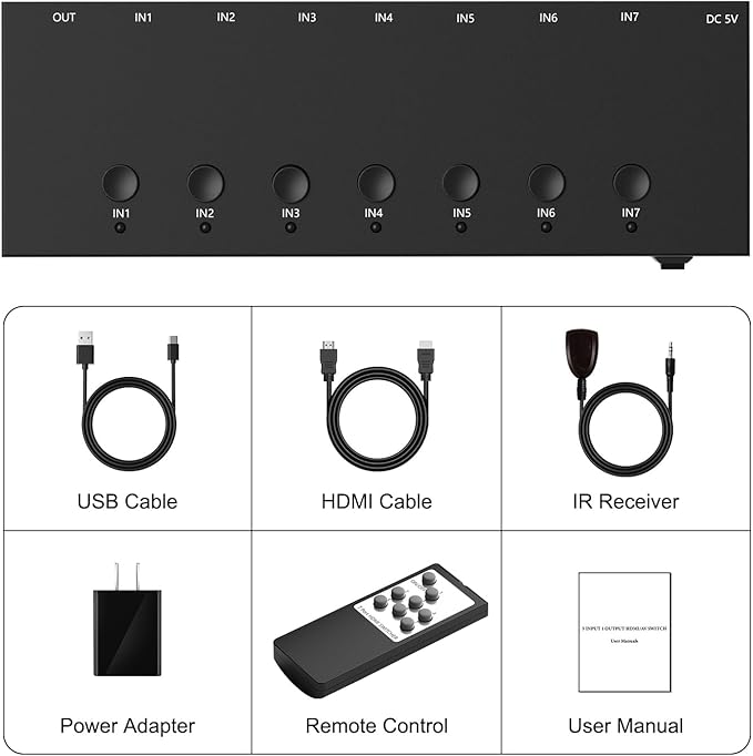 Y.D.F 7 Port HDMI Switch, 4k@60Hz HDMI Switcher 7 in 1 Out HDCP 2.0 Manual HDMI