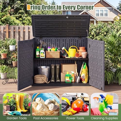 DREAMADE Horizontal Outdoor Storage Cabinet, 20 Cu.Ft Resin Shed, Brown