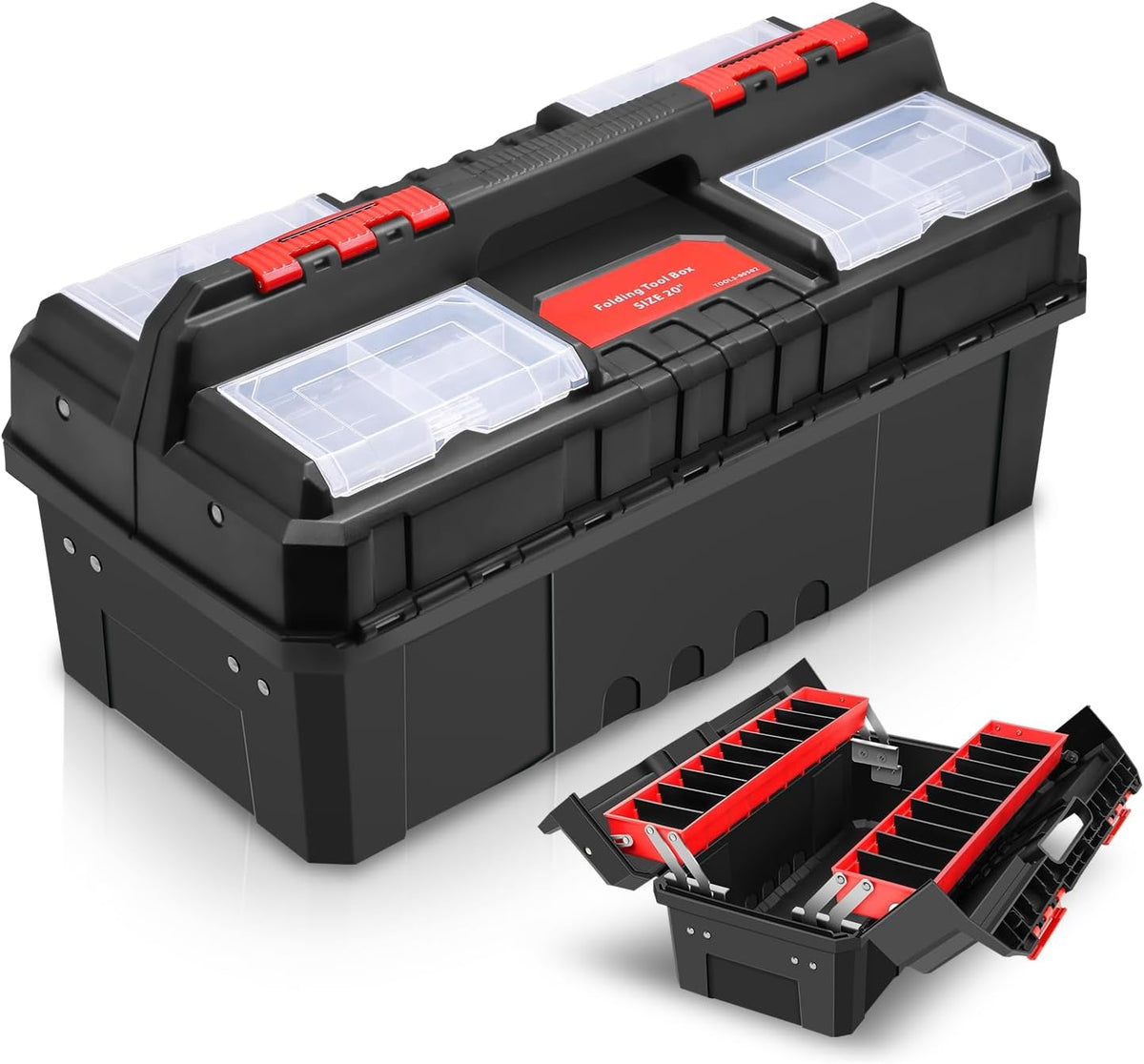 Auto Dynasty Foldable 2-layer Tool Box w/Non-Slip Handle Tray Storage, Red