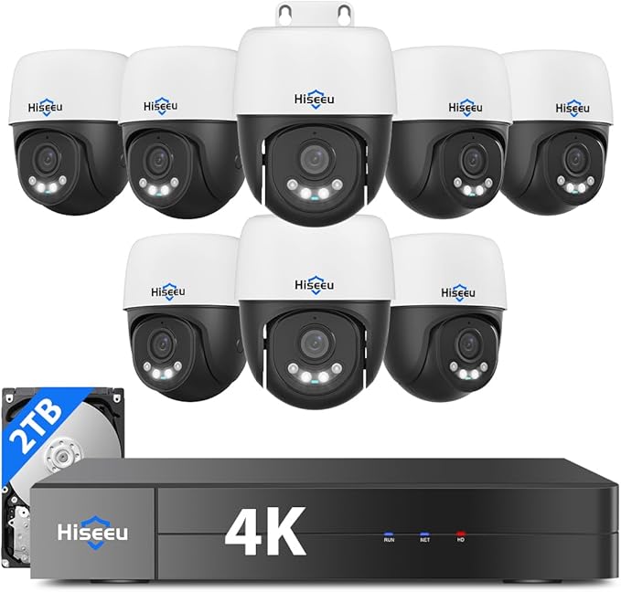 Hiseeu 4K PoE Security Camera System, Human Vehicle Detect, 2-Way Audio (8pcs)