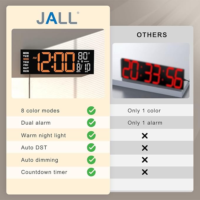 JALL 16" Large Digital Wall Mount Clock, Count Down Timer, Big LED, RGB Color