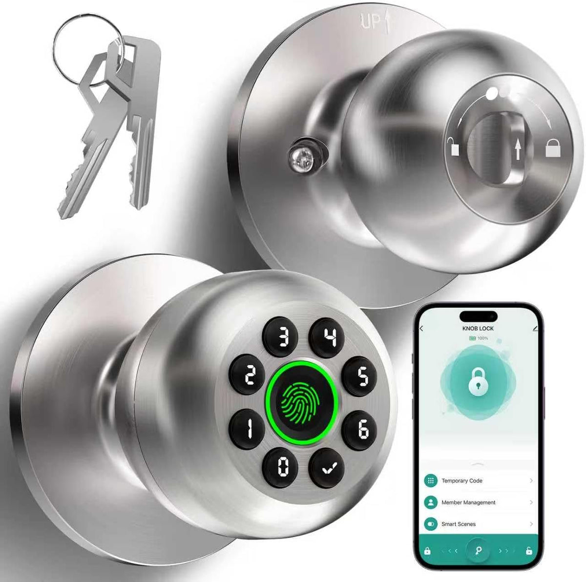 Door Knob with Lock,Keyless Entry Fingerprint Door Lock,Polished Silver
