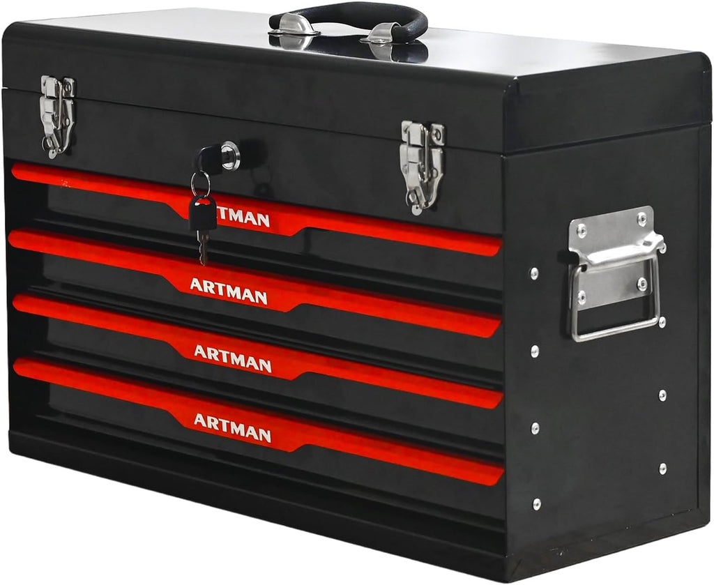 4 Drawer 21" Heavy Duty Metal Tool Box Portable Tool Chest with Metal Latch Closure & Security Key Lock, Top Storage Tray Toolbox with EVA Liners for Workbench, Garage & Warehouse (Black&Red)
