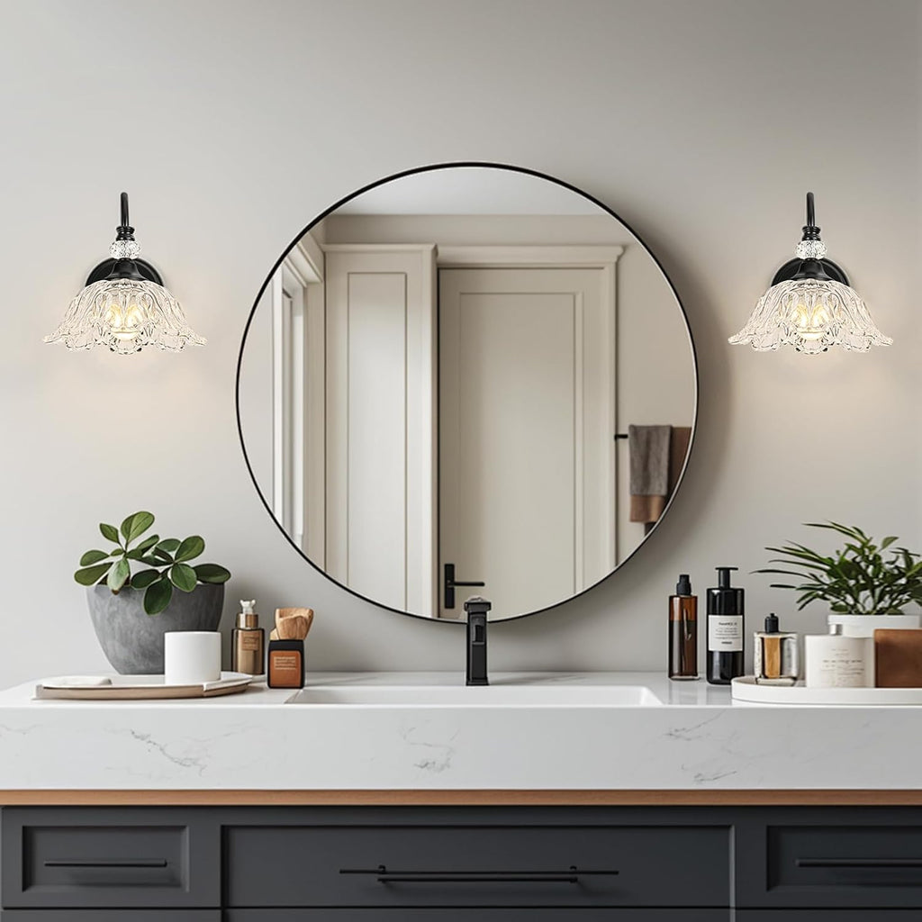 1 Piece Black Wall Sconce with Floral Clear Glass Shade, Black Farmhouse Wall Mount Lighting for Bathroom,Vintage Bathroom Vanity Light Fixture