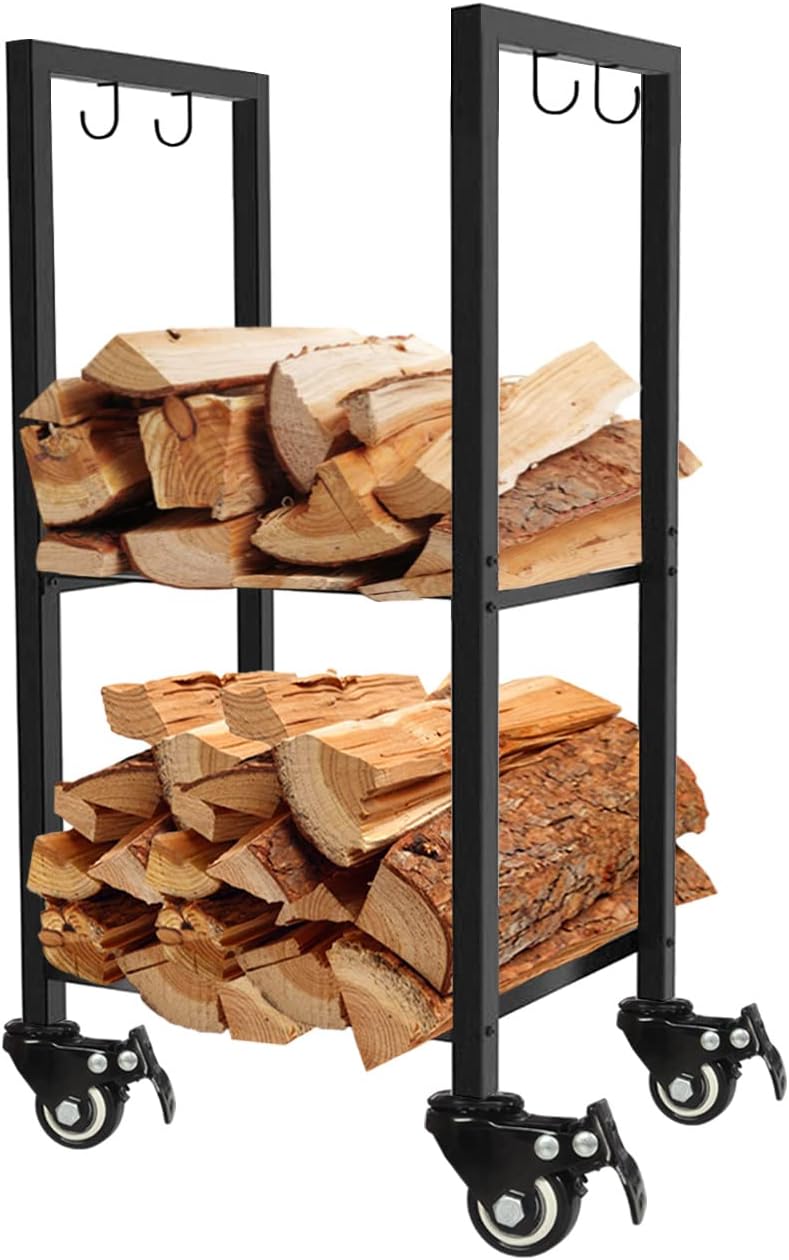Koutemie Firewood Rack Indoor, 2 Tier Small Firewood Holder with Wheels