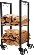 Koutemie Firewood Rack Indoor, 2 Tier Small Firewood Holder with Wheels