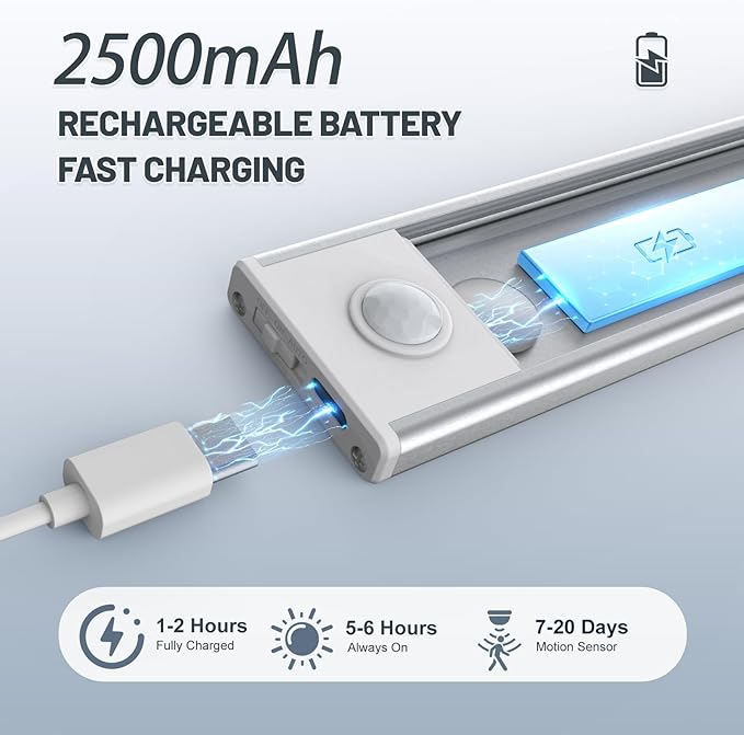 6 Pack Under Cabinet Lighting Wireless, 50 LED Rechargeable Battery Motion