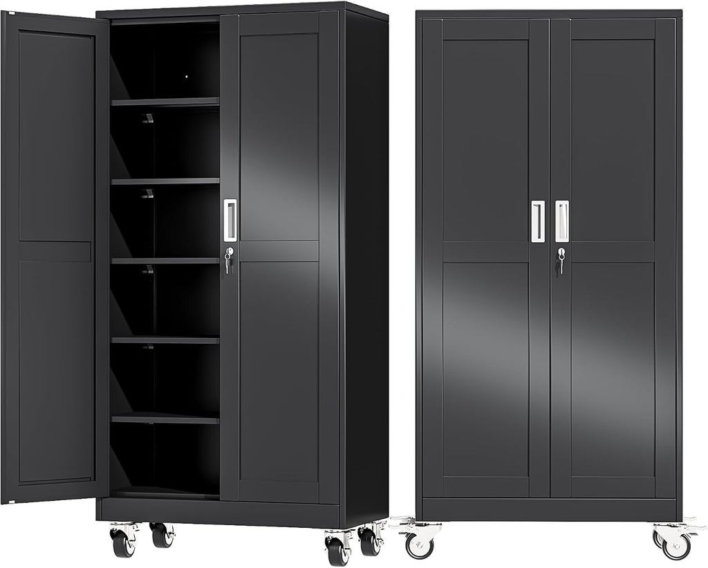 Ckzbx Metal Large Garage Storage Cabinet with Locking Doors and Adjustable Shelves,73.6" H Rolling Tool Storage with Wheels for Garage,Office (Black)