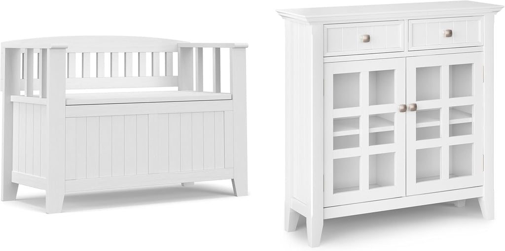 SIMPLIHOME Acadian Storage Bench and Cabinet Set in White