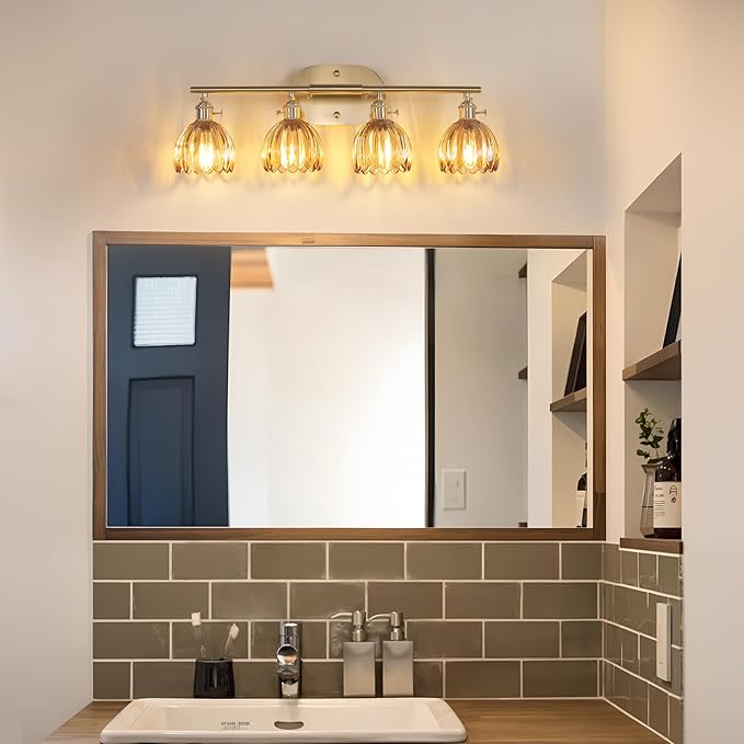 Shenmoyl Bathroom Light Fixtures, 4-Light Brass Vanity Wall Light Over Mirror