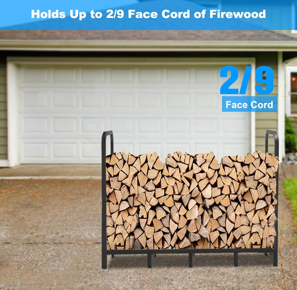 5.3ft Firewood Rack Holder, Adjustable Heavy Duty Fire Log Stacker Stand for Fireplace, Outdoor Indoor Metal Wood Pile Storage Organizer, Patio Logs Stand tool, Black