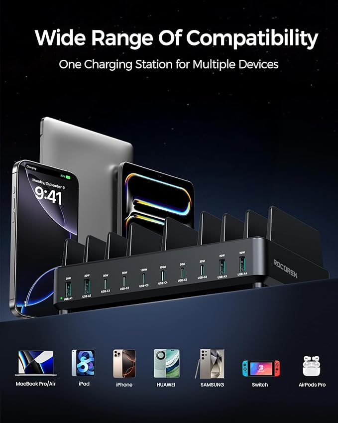 400W Charging Station for Multiple Devices, 10 Port Double PD 100W USB C