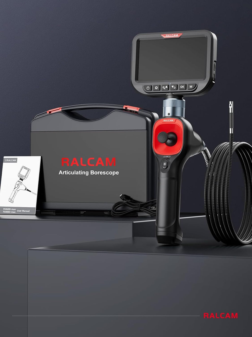 ralcam 360° articulating borescope dual lens, 0.25in slim on a desk or shelf