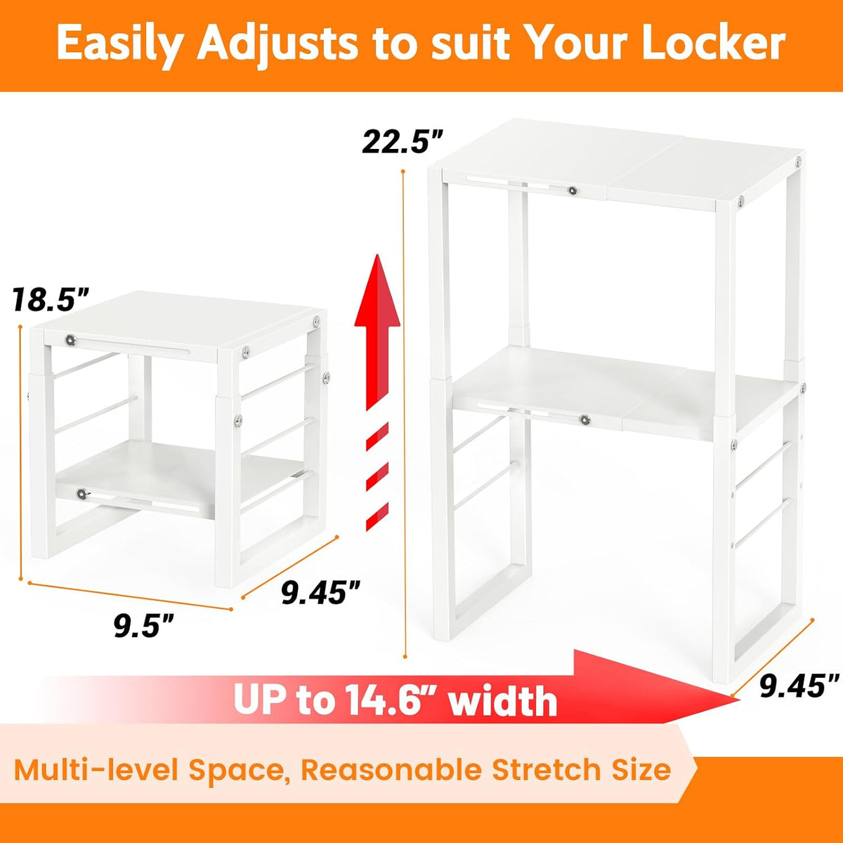 lidtop locker organizer shelf, metal adjustable width and shown in use