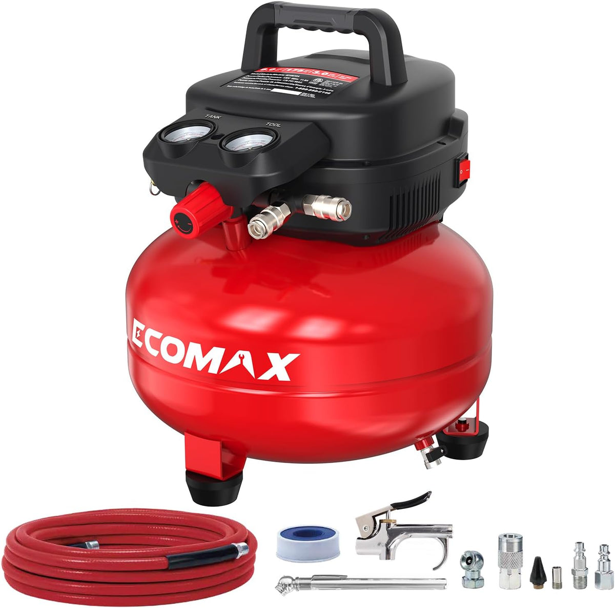 ECOMAX Air Compressor 6 Gallon 175 PSI Pancake Portable Oil-free Tank with 10 PCS Accessories Kit