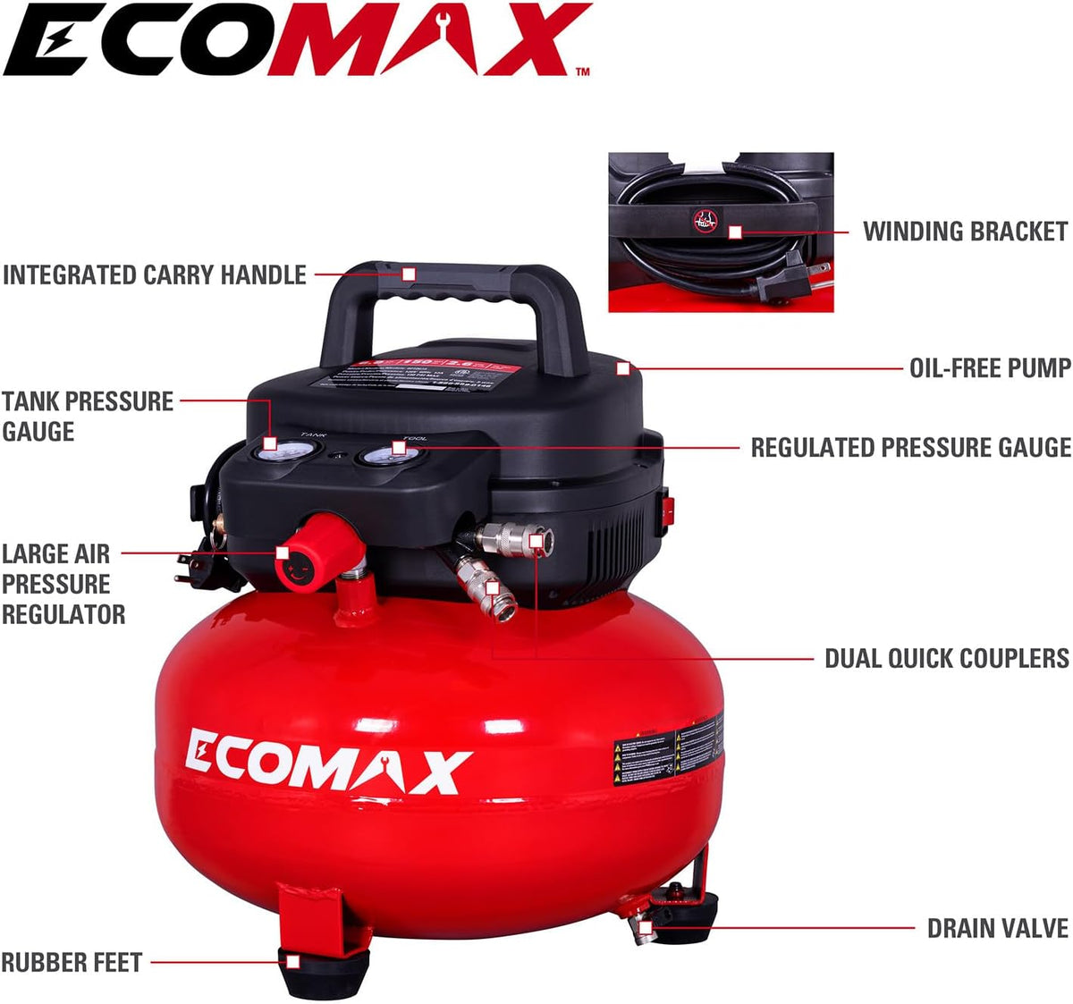 ECOMAX Pancake Air Compressor MAX 150 PSI, 2.6 CFM @90 PSI, Oil-Free