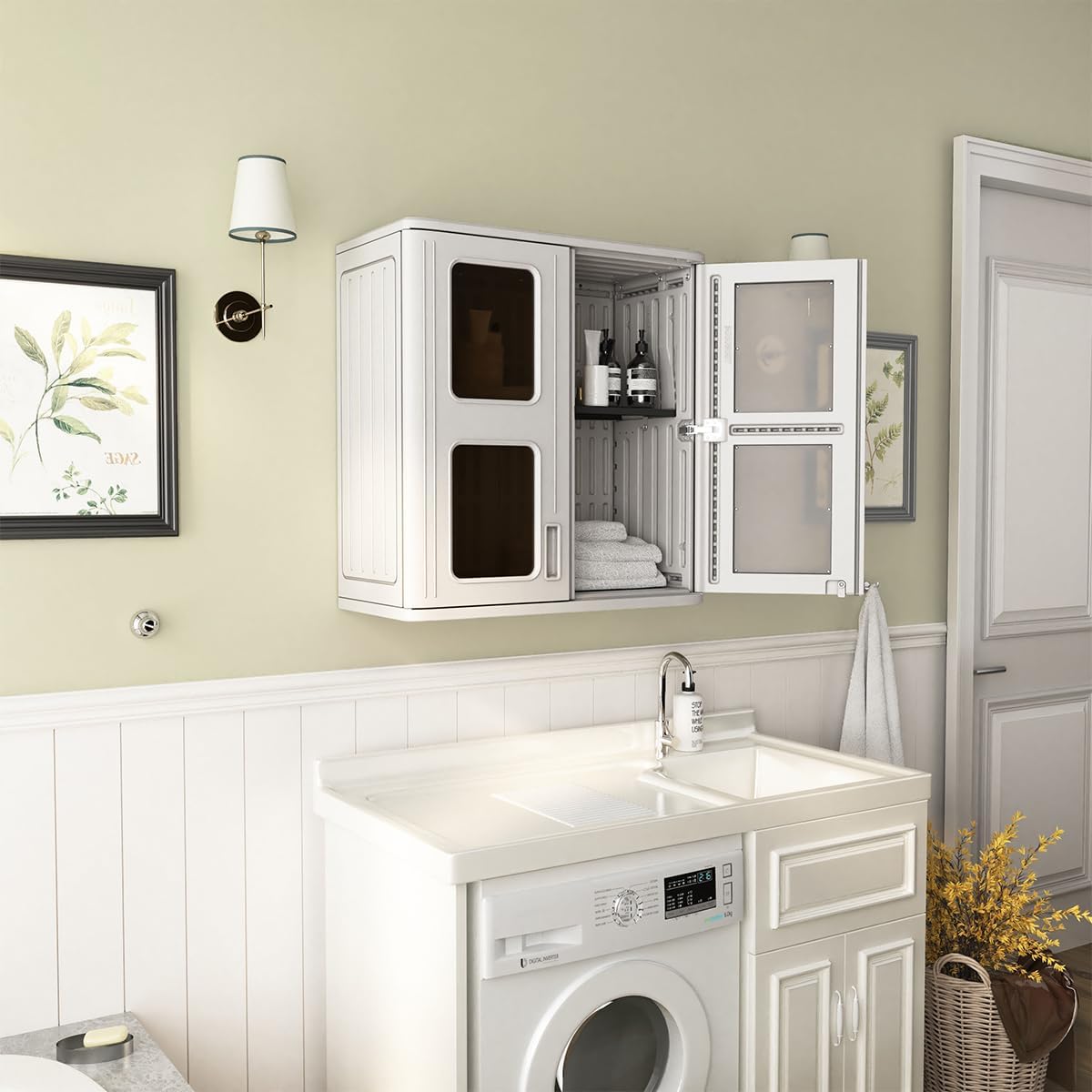 kinying outdoor storage cabinet waterproof,resin garage and laundry shown in use
