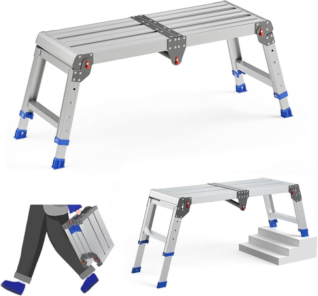 Folding Work Platform for Adults, Portable Aluminum Step Stool 500lb | 13.7"-19.5" Adjustable Height, 11.8" x 32.7" Wide Platform for Garage, Painting, Reach High Shelves, Gardening, Car Wash