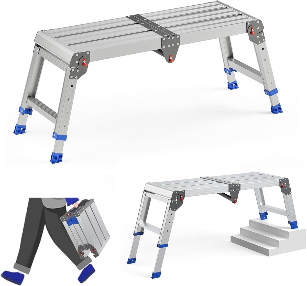 Folding Work Platform for Adults, Portable Aluminum Step Stool 500lb | 13.7"-19.5" Adjustable Height, 11.8" x 32.7" Wide Platform for Garage, Painting, Reach High Shelves, Gardening, Car Wash